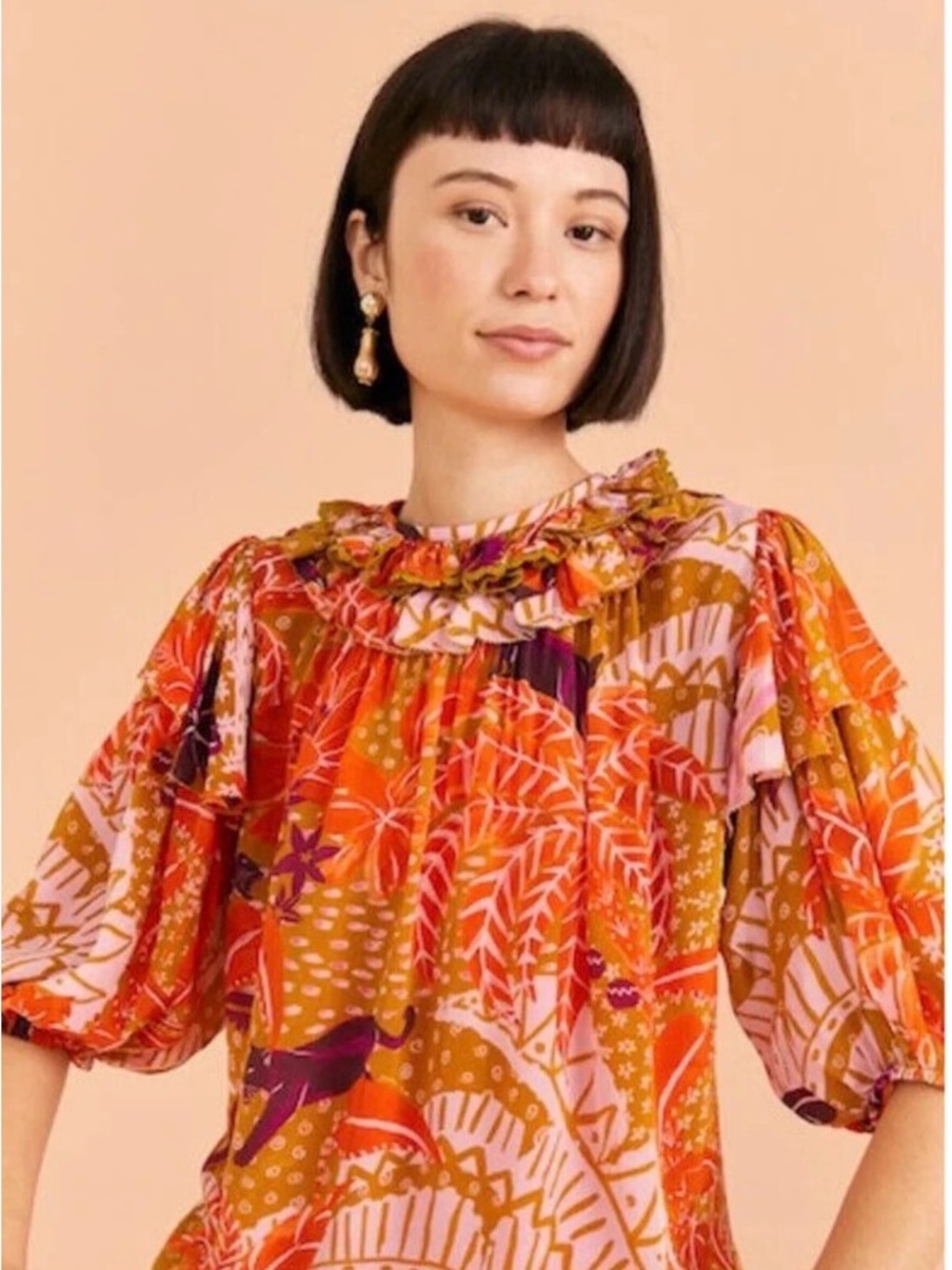 NWT FARM Rio Jungle Panther Ruffle Top XL Orange/Purple